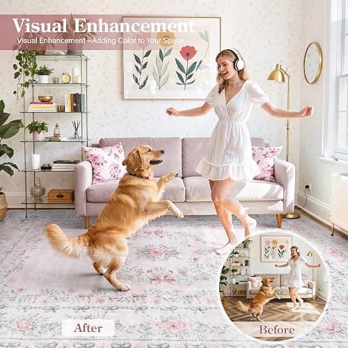 Wonnitar Floral Bow Pink Rug for Bedroom, Washable 5x7 Area Rug for Girls Nursery, Ultra-Thin Non Slip Soft Boho Carpet for Kids Room Dorm Living Room, Light Pink thumbnail 3