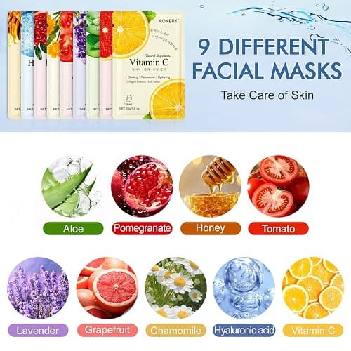 KONEUK 9 Pack Collagen Face Masks Skincare for Women, Hydrating Sheet Face Masks Suitable for All Skin Types, Bulk Facial Masks for Women Skin Care, Face Mask Gifts Set for Spa Party thumbnail 3