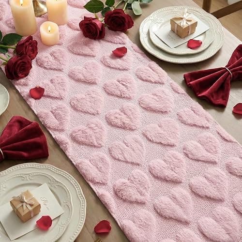 Artoid Mode Pink Soft Plush Faux Fur Jacquard Love Heart Valentine's Table Runner, Kitchen Dining Table Decoration for Home Party Decor 13x72 Inch thumbnail 5