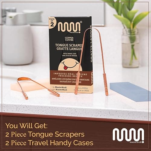 MasterMedi Tongue Scraper with Case Easy to Use Tongue Scraper for Adults, Tongue Cleaner for Oral Care & Hygiene Copper Set of 2 (with Travel Case) thumbnail 6
