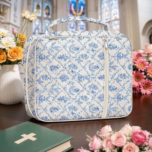 WOBAGMEN Bible Cover Case for Women,Large Bible Tote Bags Organizer Quilted Carrying Case for Girls,Bible Study Supplies Accessories Christian Gifts for Women (Vintage Blue, M) thumbnail 2