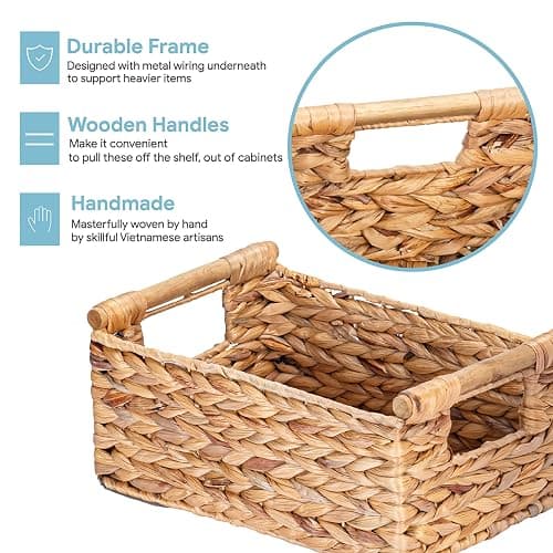 VATIMA Hyacinth Small Wicker Basket 11.6x8.1x4.9" - Bathroom Organizer, Wooden Handle, Decorative Storage thumbnail 6
