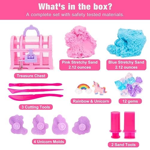 Carolart Unicorn Stretchy Cloud Sand,Blue & Pink Play Sand,Treasure Chest with Sensory Sand,Stretchable,Moldable,Expandable Cloud Slime,Tactile Fun Sensory Kit, Sensory Toys for Kids Ages 3+ thumbnail 4