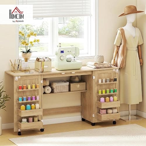 HOMCOM Table de Couture Pliante à roulettes 2 Portes Magnétiques Chêne | Meuble Couture, 4 Bacs, 20 Crochets, Étagère de Rangement, Meuble Machine à Coudre pour Salon Bureau Studio thumbnail 2