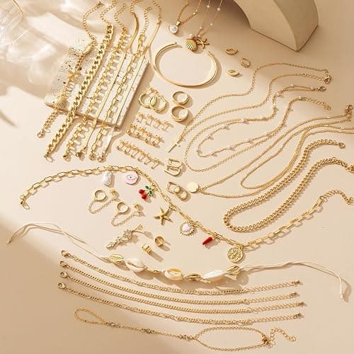 Gold Jewelry Set for Women,18K Gold Plated Jewelry Set with 9 Necklace, 9 Bracelet, 25 Ear Cuffs Earring, 5 Ankle Bracelets ,2 Rings and 3 Belly Button rings for Women Valentine Anniversary Birthday Gifts thumbnail 6