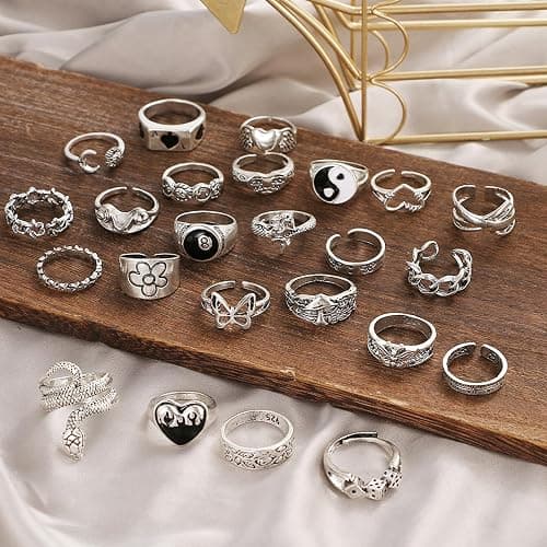 Hifot 29 Stück Y2K Ringe Set für Damen und Männer - Gothic Emo Silber, Punk Grunge Vintage - Herz, Schlange, Blume, Schmetterling, Yin Yang, Totenkopf, Frosch Accessoires Schmuck thumbnail 2