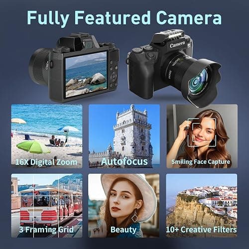 8K Digital Camera for Photography, WiFi & 4" Touch Screen Vlogging Camera for YouTube with Dual-Lens, 64MP Vlog Cameras 16X Digital Zoom with 32GB TF Card, 3000mAh Battery, Lens Hood, Black thumbnail 5
