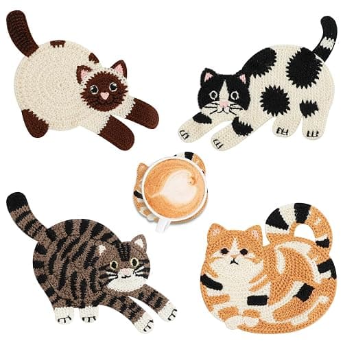 OT-NVWOZR Cute Cat Coasters for Desk, Funny Woven Coaster for Decoration, Creative Gifts for Cat Lovers, Crochet Insulation Knitted Coasters for Coffee Tea Table Desktop Protection (4, Style B) - Image 1