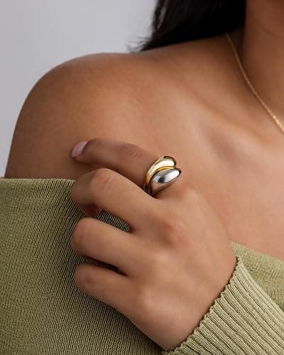 PAVOI 14K Gold Plated Mixed Metal Chunky Two Tone Wavy Dome Rings Pack for Women | Statement Ring Set thumbnail 2