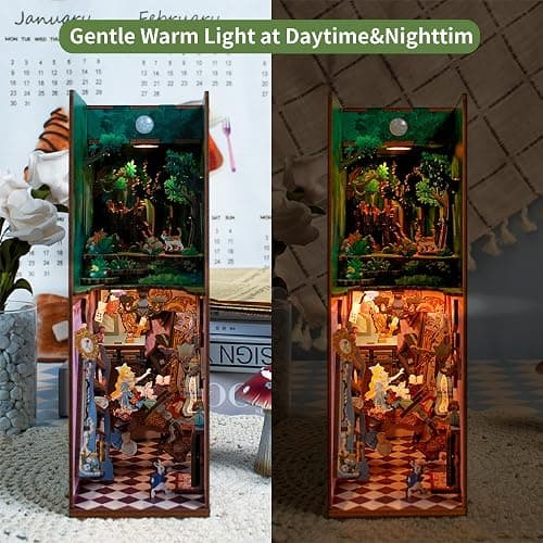 Tonecheer DIY Book Nook Kit for Adults,3D Wooden Puzzle Bookend Bookshelf Insert Library Decor, Booknook Miniature House Kit with Body Motion Sensor LED Light (Alice in Wonderland) thumbnail 3