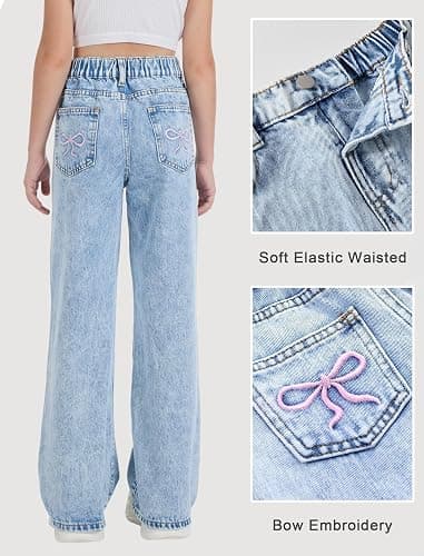 Fulihug Girls Wide Leg Jeans Baggy Bow Embroidery High Elastic Waist Denim Pants Cute Y2K Trendy Tween Streetwear 8-16Y thumbnail 4