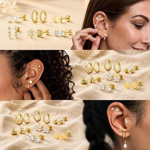 14K Gold Plated Earrings Set for Women | Small Hoop & Stud Earrings for Sensitive Ears | Stackable Flat Back Jewelry for Multiple Piercings | Dangle & Huggie Earring Gift Set thumbnail 3