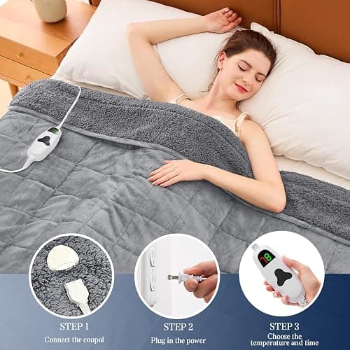 greenoak Heated Weighted Blanket for Adults - Sherpa Fleece Electric Throw Blanket (50”x60”, 13lbs, Light Gray) - Thick Soft Warming Plush Heating Blanket with 10 Heating Levels & 1-8 Hours Auto Off thumbnail 2