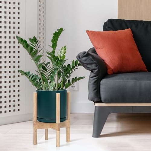 D'vine Dev Ceramic Planter with Natural Stand - 8 Inch Modern Round Flower Pot with Wood Planter Holder, Teal, 55-B-N-4 thumbnail 2