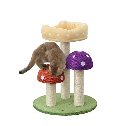 THE LICKER STORE CTR1001A Pixie 22.5" 3-Tier Cottage Sisal Mushroom Cat Tree with Scratching Posts, Napping Perch, and Dangling Bell Toy, Multi - Image 1