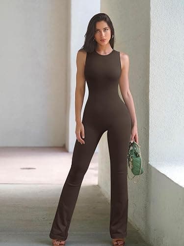 OQQ Women Yoga Jumpsuits Ribbed Crew Neck Sleeveless Bell Bottoms Flare Jumpsuits thumbnail 4
