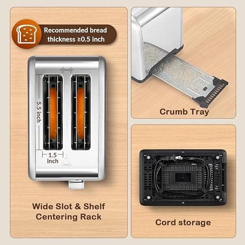 Mecity 2 Slice Toaster Touch Screen 1.5" Wide Slot, Stainless Steel Smart Bread Toaster for Bagel Muffin Waffle Gluten Free Breads, Timer, Defrost, Reheat, 120V 825W - Stainless Steel thumbnail 4