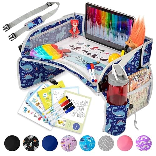 PILLANI Kids Travel Tray for Car - Car Seat Tray for Kids Travel, Road Trip Essentials Must Haves - Carseat Table Roadtrip Activities - Toddler Lap Desk Organizer for Airplane - Kids Travel Essentials - Blue Dinosaur - Image 1