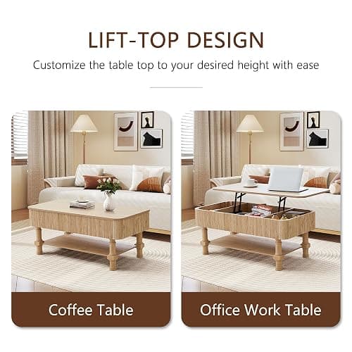 39” Large Lift Top Coffee Table with Hidden Storage Compartment, Fluted Coffee Tables Fully Assembled Wooden Center Table, Mid Century Modern Lift Tabletop Dining Tables for Living Room Office,Natural thumbnail 6