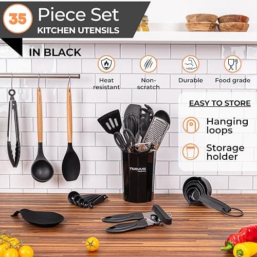 Kitchen Non Stick Cooking Utensils Set – Heat Resistant Silicone Utensils with Wooden Handle – Ladles, Spoons and Spatulas Set – Kitchen Tools & Accessories – 35pcs, Black – by Nuovva - Black thumbnail 3
