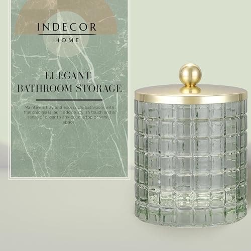 Indecor Home Sage Colored Tranlucent Apothecary Etched Geometric Grid Glass Jar W/Gold Metal Lid Cover for Bathroom Organization, Cotton Balls, Q Tips, and Small Accessories, Bathroom Storage thumbnail 6