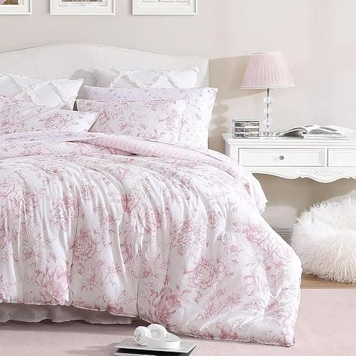 Laura Ashley- Queen Comforter Set, Reversible Cotton Bedding with Matching Sham(s), Farmhouse Home Decor, Dorm Room Essentials (Delphine Mauve Pink, Queen) - Image 1