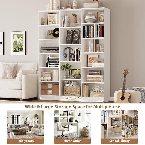 FACBOTALL Triple Wide Bookshelf, 6 Tier Large Bookshelf, Bookcase with 17 Open Display Shelves, 74'' Tall Bookcases and Bookshelves for Living Room, Home Office, Library, White thumbnail 7