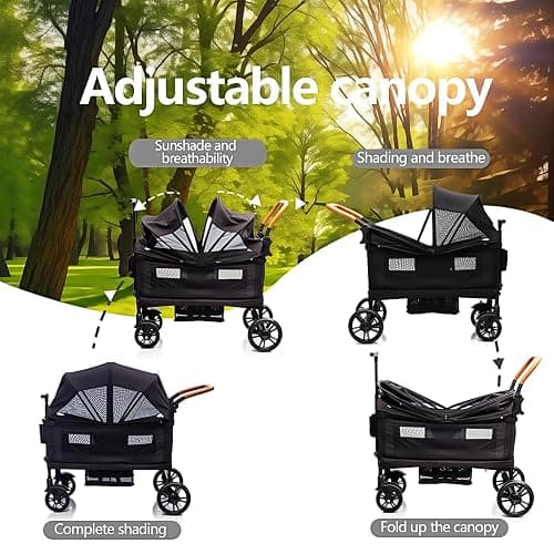 Luxury Wagon Stroller for 2 Kids & Cargo-Lightweight Foldable Travel Push Pull All-Terrain Double Wagon for Newborn&Toddler with 5-Point Harness,Adjustable Handle, Canopy,Tray Table,Cup Holder thumbnail 4