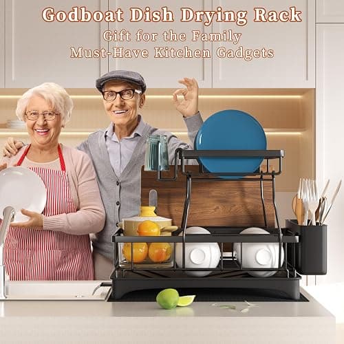 Godboat Dish Drying Rack, 2-Tier Dish Rack with Auto-Drain & Mat, Dish Racks for Kitchen Counter, Dish Drainer with Knife, Fork & Cup Rack, Gifts for Women, Mothers Day, Cool Stuff & Kitchen Gadgets thumbnail 7