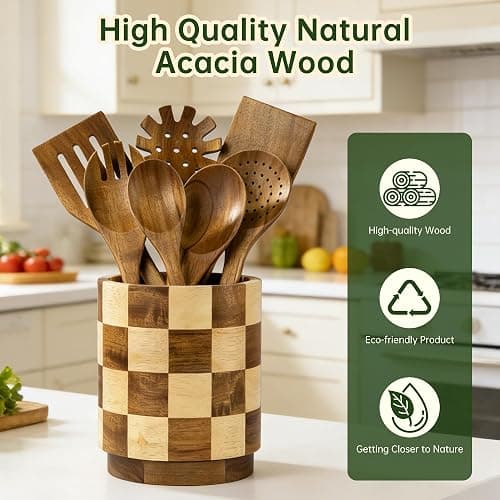 Fyctio Wooden Utensil Holder, 360° Rotating Acacia Wood Kitchen Utensil Holder for Countertop, 7.2" Non-Slip Large Utensil Holder for Kitchen, Farmhouse Countertop Decor, Spatula Holders, Checkered thumbnail 5