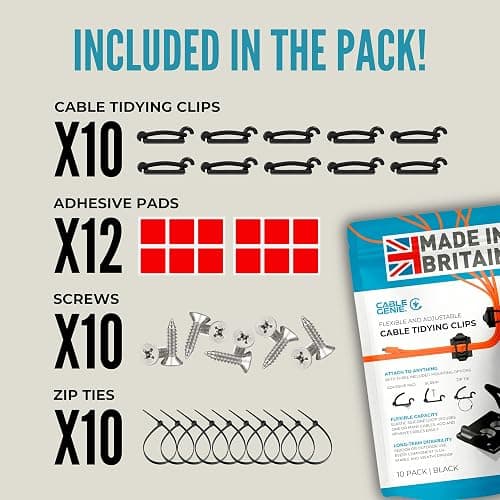 CableGenie [Made in the UK] 10-Pack Adjustable Elastic Adhesive Cable Clips, Wire Management Holder, Cord Organizer for Home Office, Under Desk, Behind TV, Phone Charger, Laptop, PC, HDMI, USB (Black) thumbnail 7