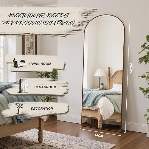 Reflix 147 x 44 cm Arched Full Length Mirror, Aluminium Frame with Walnut Wood Look, Freestanding Hanging Leaning Wall Mounted Full Length Dressing Mirror for Living Room, Bedroom thumbnail 2
