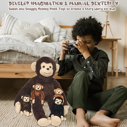 5 PCS Monkey Stuffed Animal, Large Huggable Stuffed Monkey Toy with 4 Baby Monkeys Inside, Hanging Plush Monkeys with Hook and Loop Suprise Gifts for Kids Christmas Birthday Jungle Forest Party Decor thumbnail 8