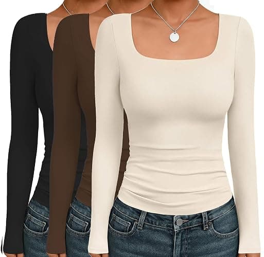 Ekouaer Womens 3 Pack Long Sleeve Shirts Square Neck Basic Tops Fitted Tee Thermal Undershirts XS-XXL - Image 1