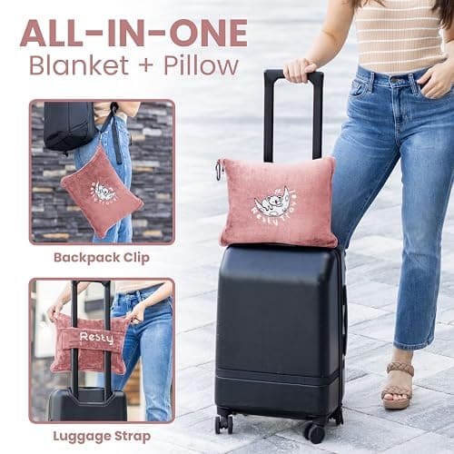 Resty Travel Blanket - Compact Airplane Blanket with Bag - Small and Lightweight Traveling Blanket & Pillow - Portable Blankets with Carabiner for Easy Transport - Plane Train Car (Pink) - Pink thumbnail 3