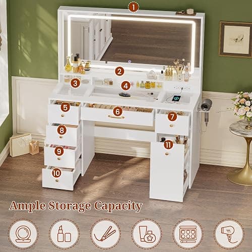 UPOSOJA 49.3“Large LED Mirror with Lights,Makeup Vanity Desk with 6 Drawers,Power Outlet,Glass Tabletop,Storage Shelf,Rolling Makeup Cart,Hairdryer Rack White thumbnail 3