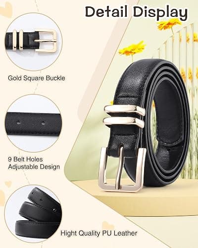 AWAYTR 2 Pack Girls Leather Belt for Kids Jeans with Gold Square Buckle - Fit Waist: 26"-30" - Black+white thumbnail 3