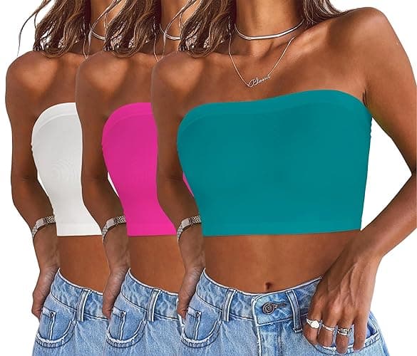 Womens Tube Tops Summer Bandeau Casual Crop Top Going Out Strapless Tank Basic Short Shirt - One Size - 3 Pieces White,neon Pink,azure Blue