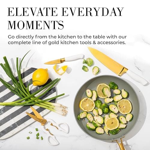 White and Gold Knife Set with Block - 14-Piece White Knife Set with Block and Built-In Sharpener – Titanium-Coated High Carbon Stainless Steel Blades - Gold Kitchen Accessories - Great for Gifting thumbnail 9