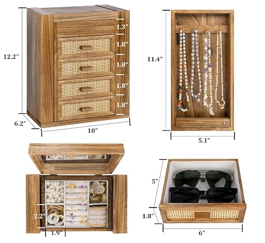 Jewelry Organizer, Rattan Jewelry Box, 5 Layer Wooden Jewelry Organizer Box with Mirror, Jewelry Boxes with 4 Drawers for Women Men, Jewelry Storage for Rings Earrings Necklaces Bracelets Watch thumbnail 3