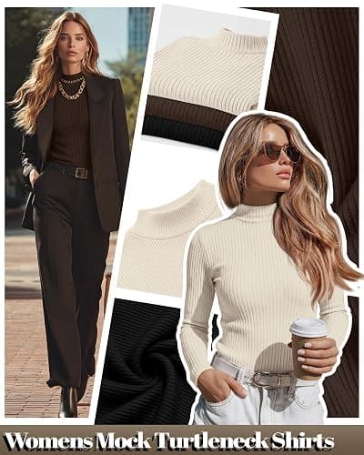 Riyiper 3 Pack Women's Ribbed Shirts, Mock Turtleneck Long Sleeve Tops Slim Fitted Undershirts Casual Basic Layering Tees thumbnail 5