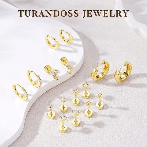 Turandoss Gold Stud Hoop Earrings for Women, Hypoallergenic 14K Gold Plated Small Huggie Hoop Earrings Flat Back Cartilage Earring Stacks Set for Multiple Piercing Gold Earrings for Women thumbnail 5