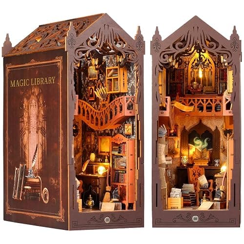 Book Nook Kit, DIY Dollhouse Booknook, Miniature House Kit for Adults and Teens, Library Tiny okshelf Decor, 3D Wooden Puzzle Bookends with Sensor Led Light, Gifts for Family, Friends thumbnail 7