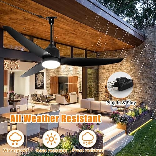 Depuley Outdoor Ceiling Fan with Light: 52 Inch Gazebo Fan Outdoor Hanging - Plug in Waterproof Fans with Lights for Patio - Dimmable Remote App Control Black thumbnail 2