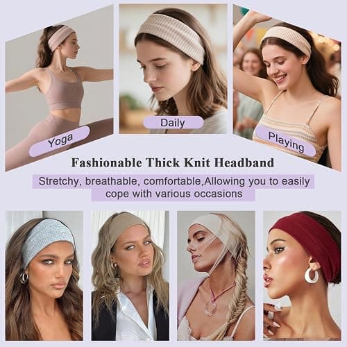 XTREND 6 Packs Knitted Wide Headbands for Women Ribbed Headband Non Slip Boho Head Bands Thick Hairbands Workout Outdoor Yoga Sports Hair Accessories (Black, White, Dark Gray, Khaki, Caramel, Pink) thumbnail 4