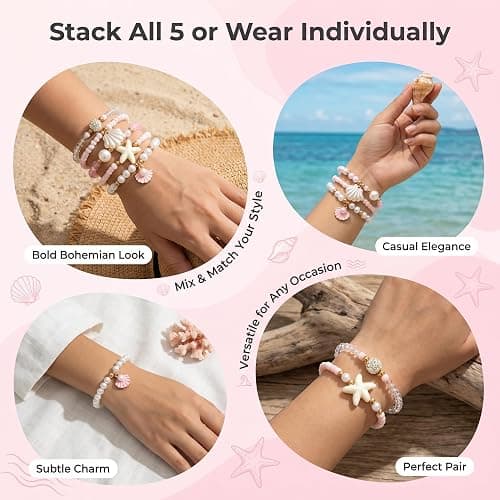 YOJO 5 Pcs Pink Beach Bracelets for Women, Summer Preppy Ocean Beaded Bracelet Set with Shell and Starfish Charms, Stackable Aesthetic Stretchy Jewellery, Vacation Gift for Girls thumbnail 5