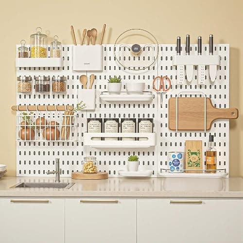 White Plastic Pegboard with Hooks Accessories, Wall Mounted Tool Organizer for Garage, Home, Office, Durable Perforated Peg Board (2 Boards -8 Accessories) thumbnail 8