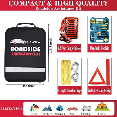 LIANXIN Roadside Emergency Car Kit-Safety Car Kit Car Emergency Kit with Jumper Cables Roadside Assistance Kit, Tow Rope, Safety Hammer, Reflective Warning Triangle,Car Tool Kit thumbnail 7