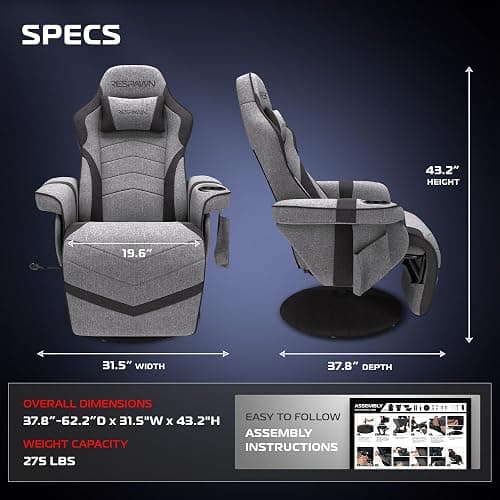 RESPAWN 900 Console Gaming Recliner with Footrest and Lumbar Support - Comfortable Ergonomic Gaming Chair with Headrest, No Wheels, Reclining, Heavy Duty, Racing Style Video Game Chairs - Gray Fabric thumbnail 2
