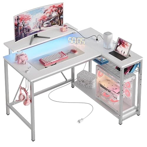 Bestier White Computer Desk with Charging Port & LED Strip,42 inch Modern Gaming Desk with Reversible Storage Shelves,Small L Shaped Desk with Hooks for Home Office - 42 Inch - White Carbon Fiber - Image 1